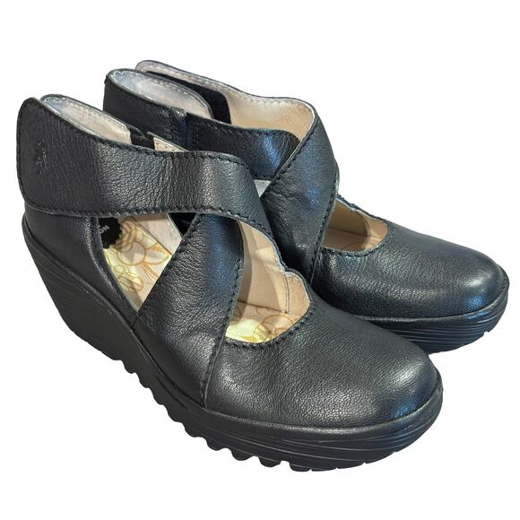 Fly London Black Leather Yogo Platform Criss Cross Wedges Women's Size 8-8.5 - Picture 1 of 12